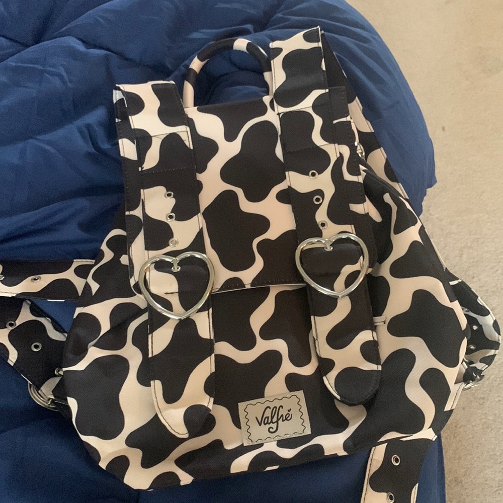 Valfrie Madeline Cow Print Backpack w Heart Detail